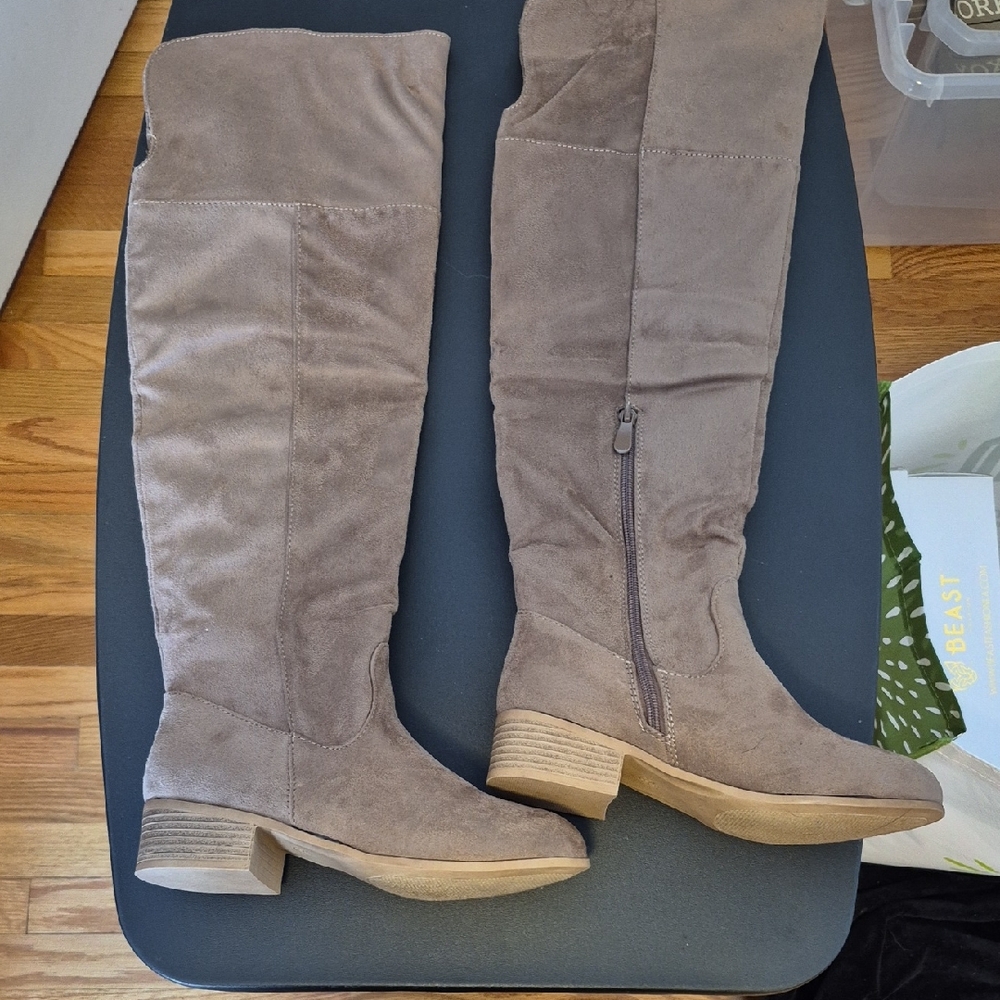 Bonnibel “Arthur” Over‑the‑Knee Boots –Taupe Suede, Size 5.5